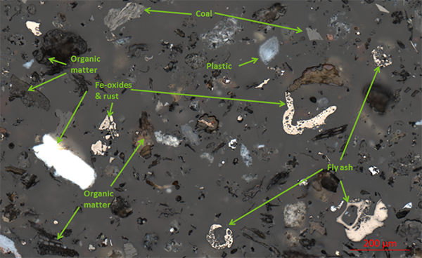 Figure 1: Optical reflected light photomicrograph of an urban dust sample