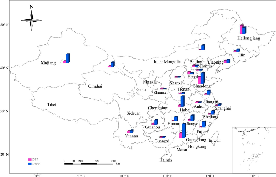 Figure 1: A map showing the locations of soil samples and the average concentrations of DBP and DEHP (in mg/kg) from that area in China.