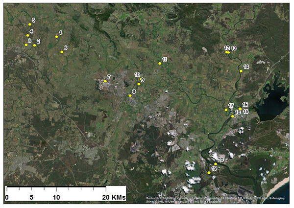 Figure 2: a map showing the locations of the 20 sampling sites in New South Wales